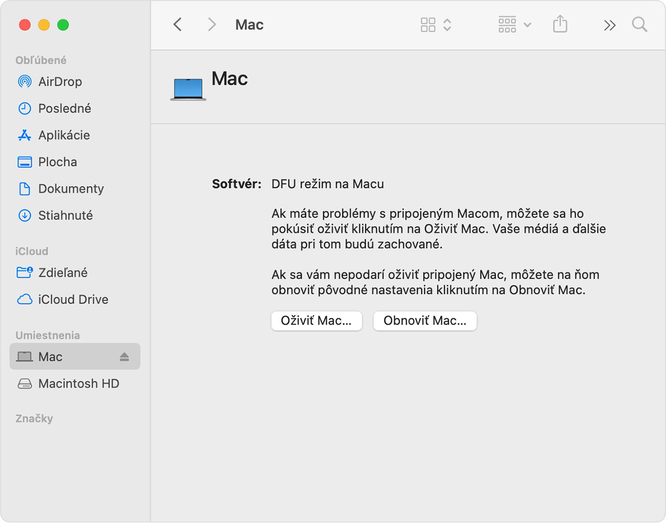 Okno Findera so zobrazenou vybratou možnosťou Mac na postrannom paneli