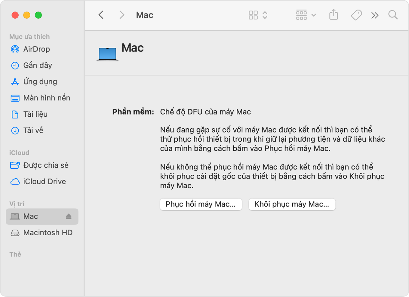 Cửa sổ Finder hiển thị "Mac" được chọn trong thanh bên