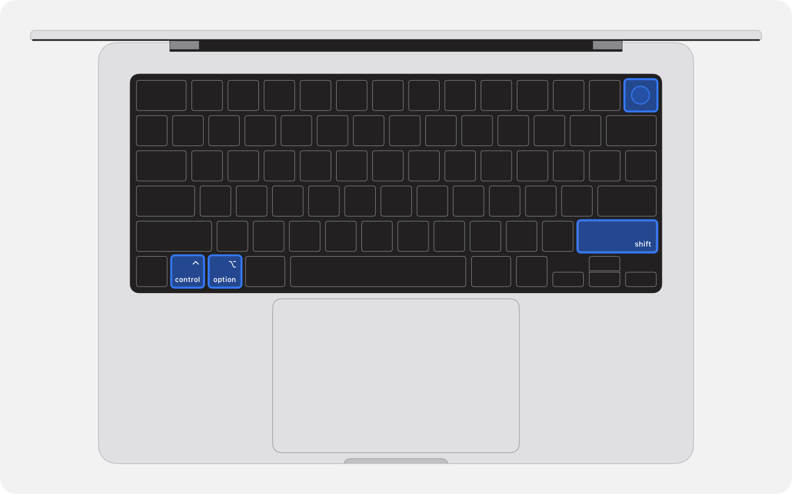 Top image of MacBook Pro with the four keys highlighted