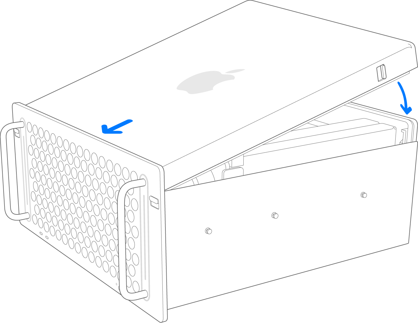 2019년 Mac Pro 다이아그램 랙 상단 덮개 설치