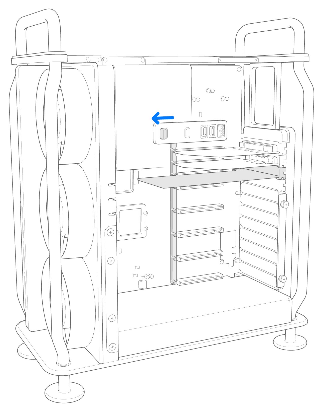 2023 Mac Pro PCIe カードのロックを示す図