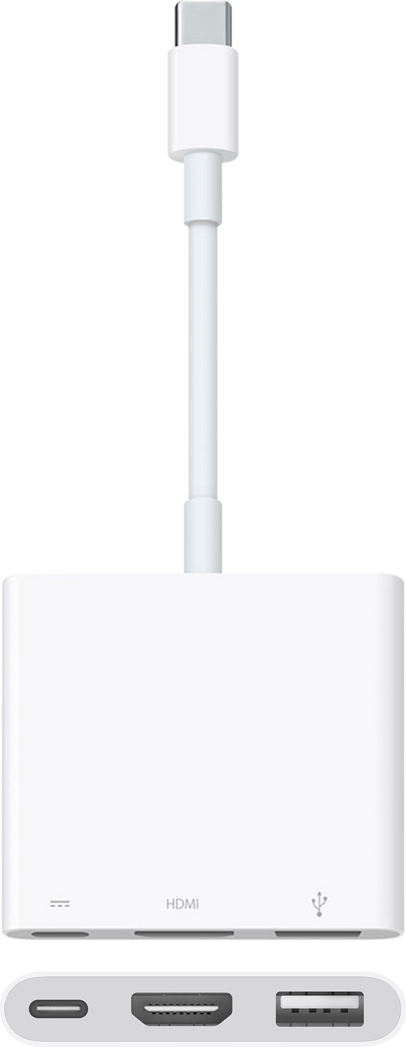 Bovenaanzicht en poorten van Apple USB-C-naar-digitale-AV-multipoort-adapter