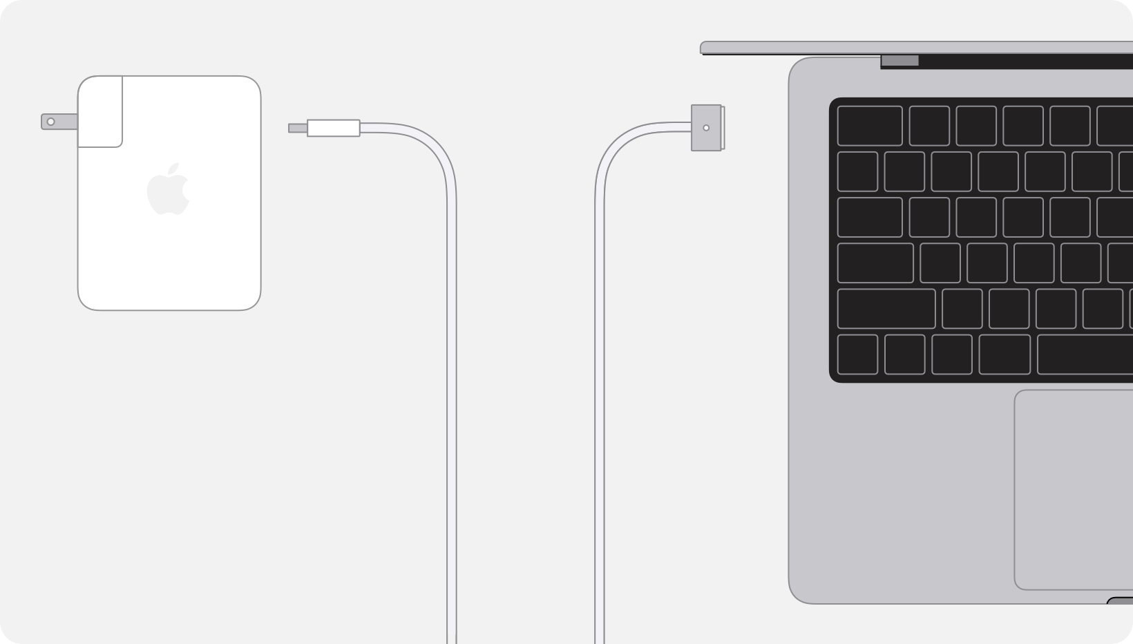 Diagram displaying a power adapter connected to a USB-C to MagSafe 3 cable connected to a Mac laptop