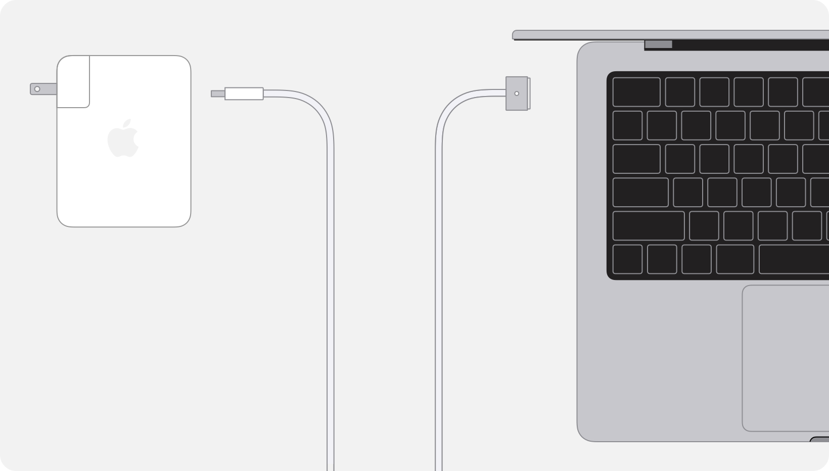 Diagrama que muestra un adaptador de energía conectado a un cable de USB-C a MagSafe 3 y a una computadora portátil Mac