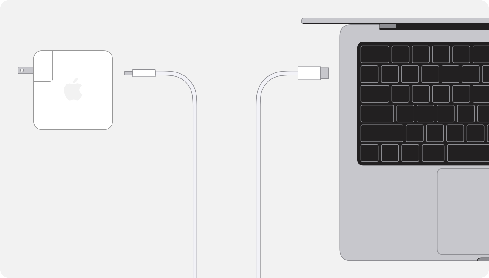Diagram displaying a power adapter connected to a USB-C to USB-C cable connected to a Mac laptop