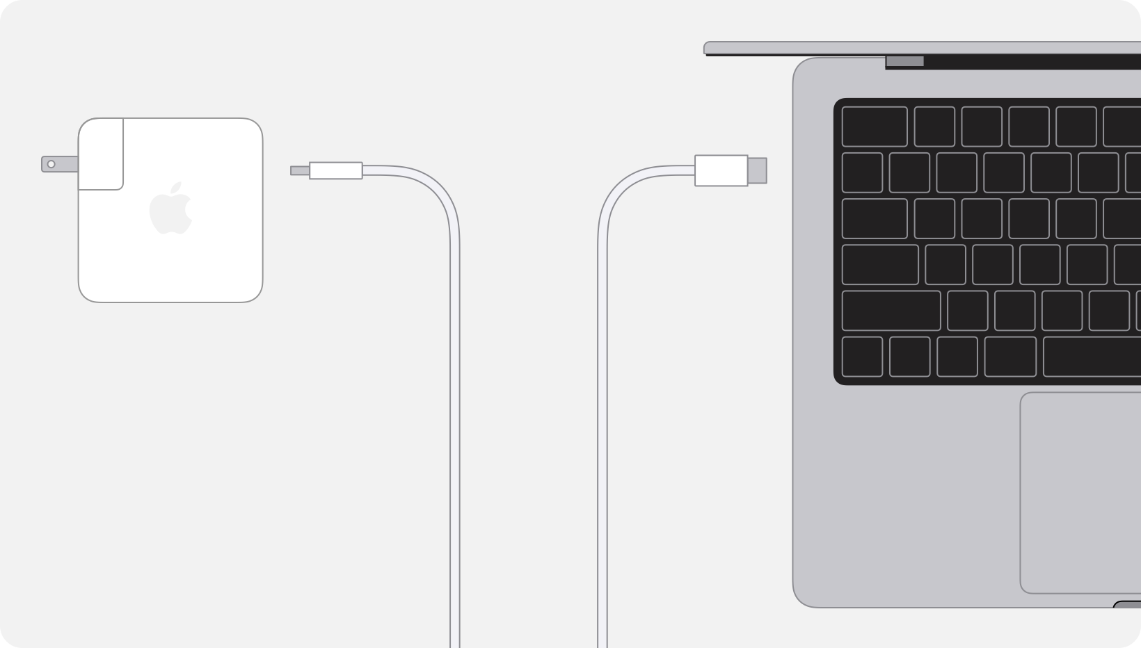 示意图中显示一个电源适配器连接到一根 USB-C 至 USB-C 连接线，这根连接线又与一台 Mac 笔记本电脑相连