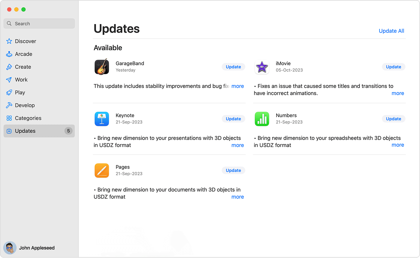 Mac, milles kuvatakse App Store’i leht Updates (Värskendused).
