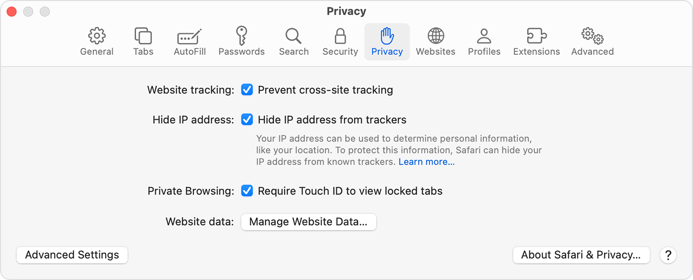 On Mac, go to Safari > Settings, then choose Privacy to turn require Touch ID to view locked tabs.