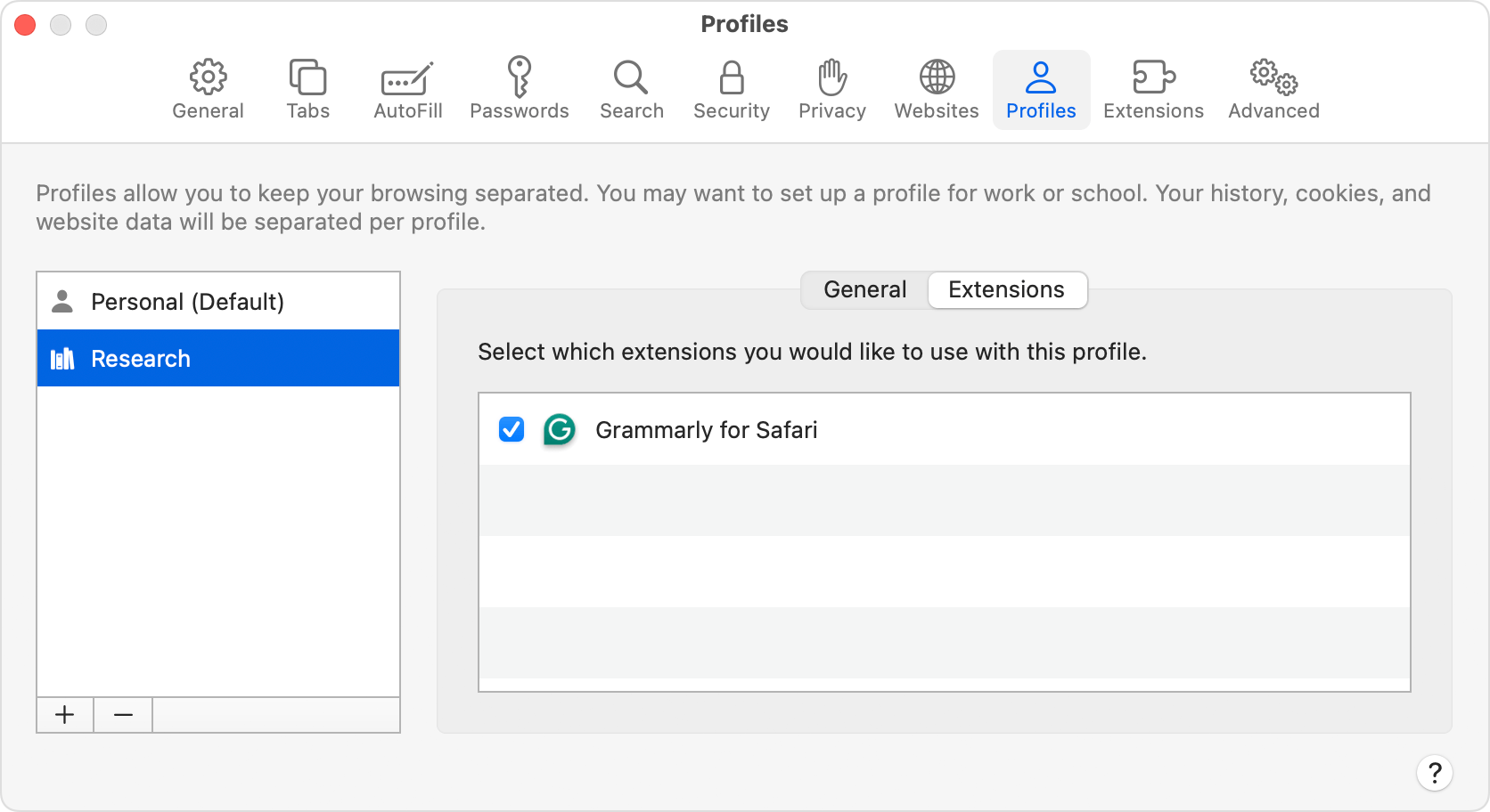 Tab Profil di pengaturan Safari yang menampilkan tab Ekstensi untuk suatu profil