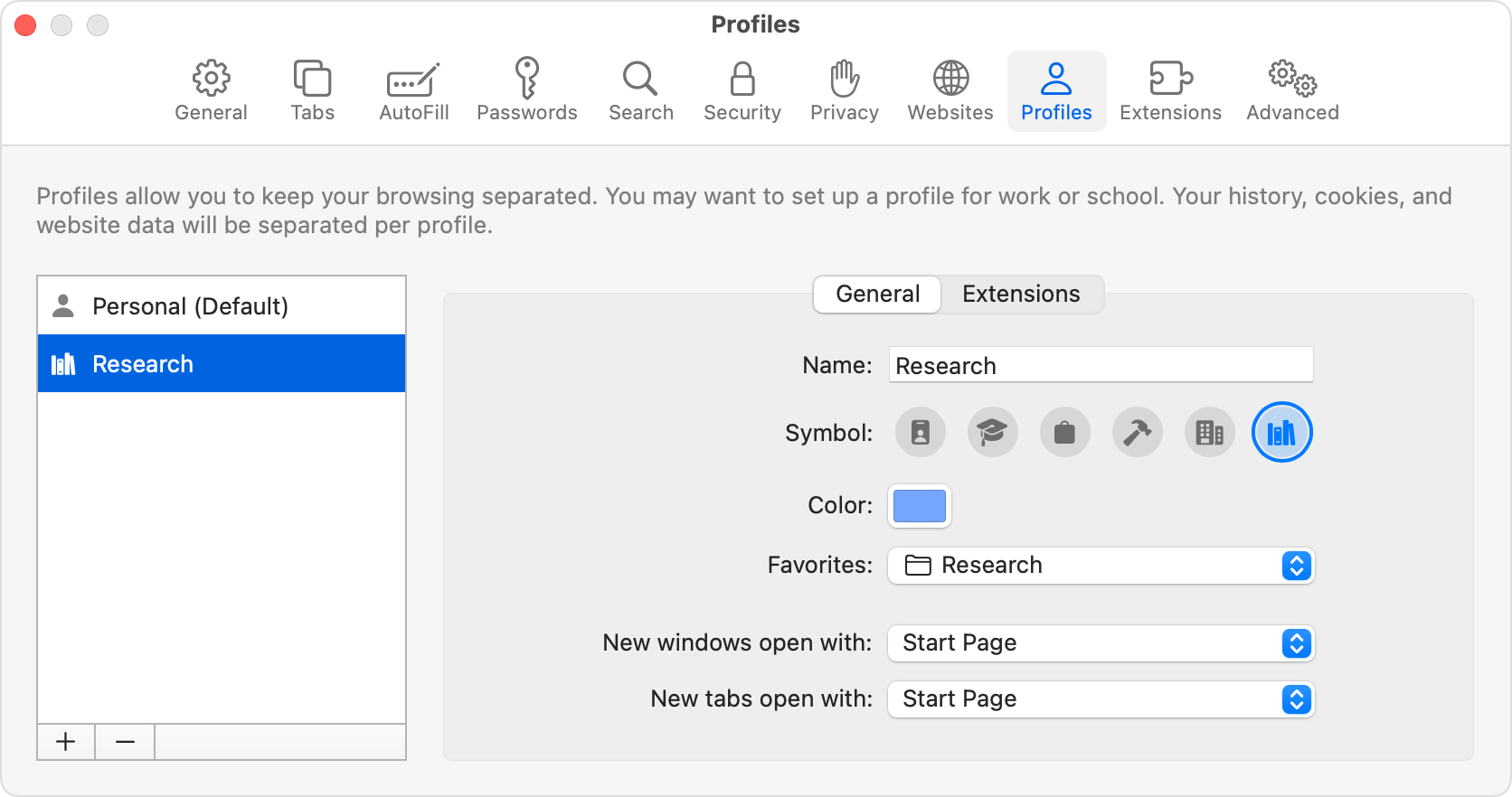 Pannello Profili delle impostazioni di Safari dopo la creazione di un nuovo profilo