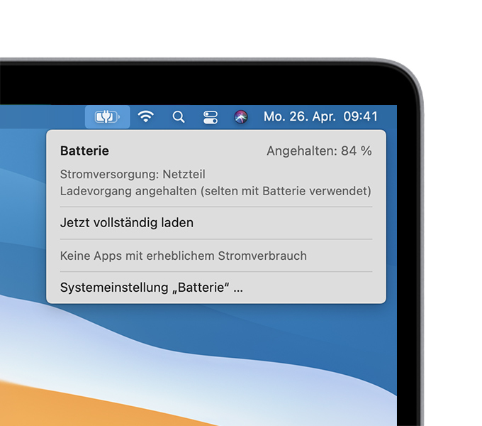 Menü „Batteriestatus“ in macOS mit Meldung „Ladevorgang angehalten (selten mit Batterie verwendet)“