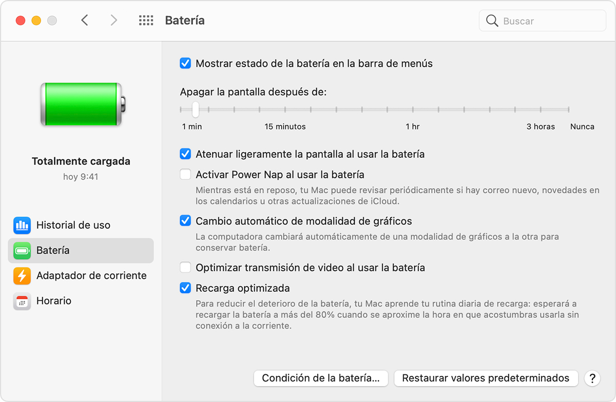 Ventana de preferencias de batería de macOS con 