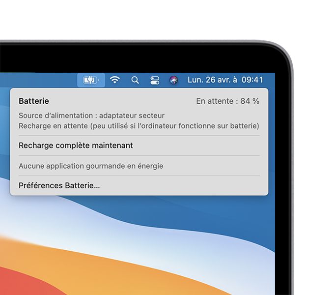 Menu d’état de la batterie dans macOS avec le message Recharge en attente (peu utilisé sur batterie)
