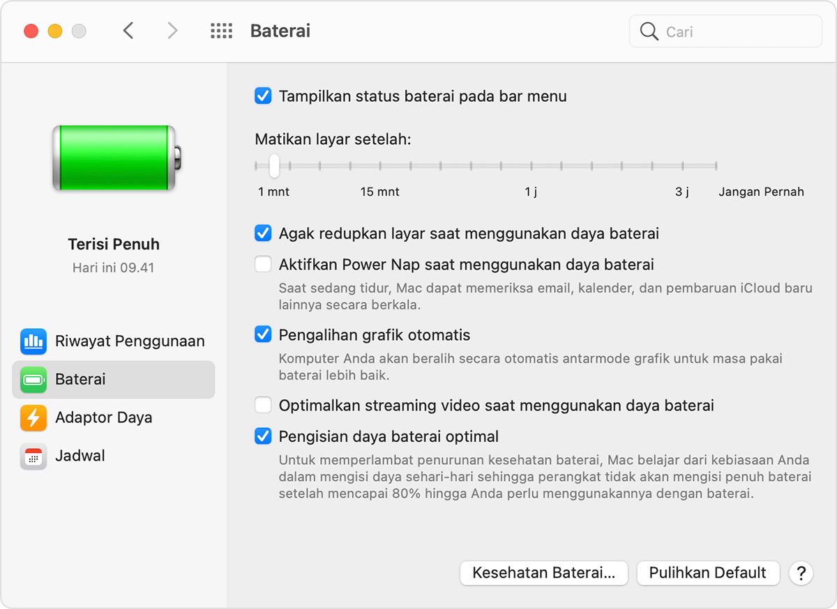 Jendela Preferensi Baterai macOS dengan 