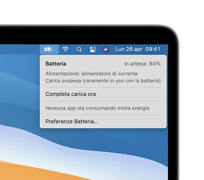 Il menu di stato della batteria in macOS con il messaggio “Carica sospesa (raramente in uso con la batteria)”