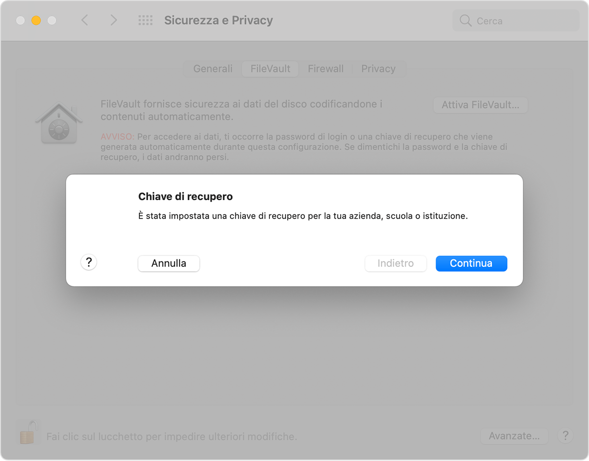 Security & Privacy preferences, showing the Recovery Key message