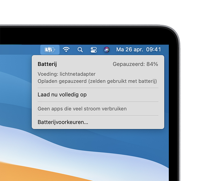 In het batterijstatusmenu in macOS verschijnt de melding 'Opladen gepauzeerd' (zelden gebruikt op batterij)