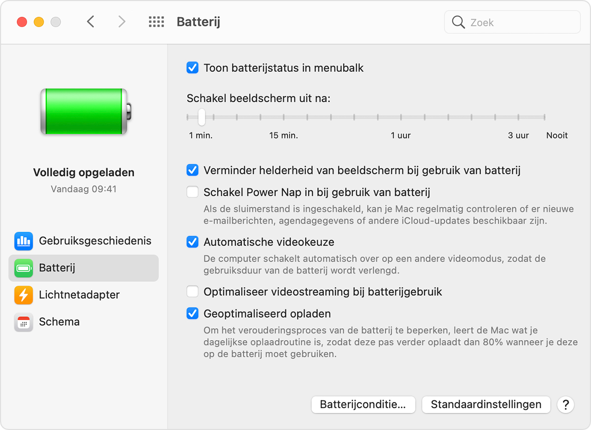 Venster 'Batterijvoorkeuren' in macOS met de optie 'Automatische videokeuze' geselecteerd
