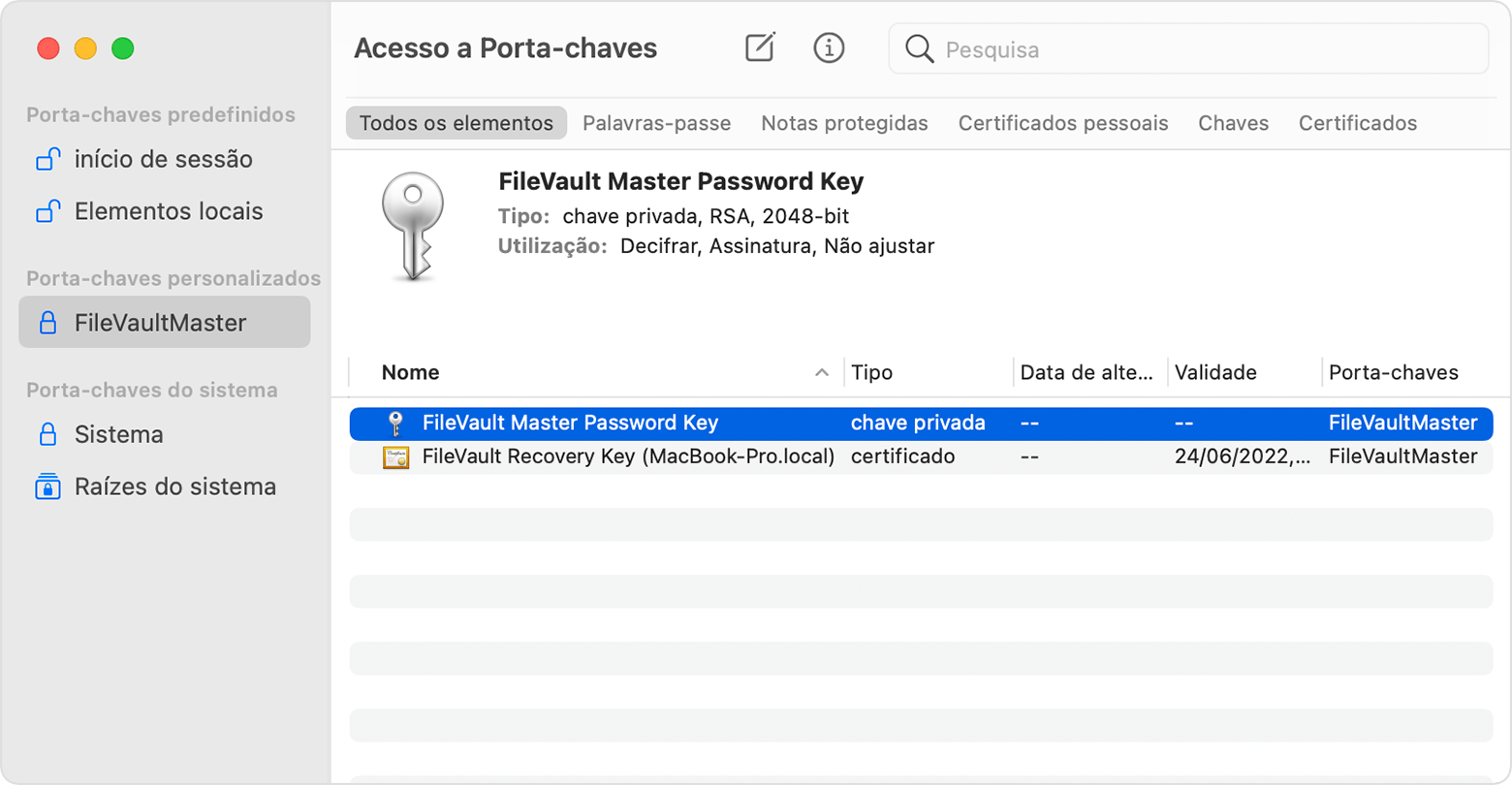 Keychain Access, showing the private FileVault Master Password Key selected
