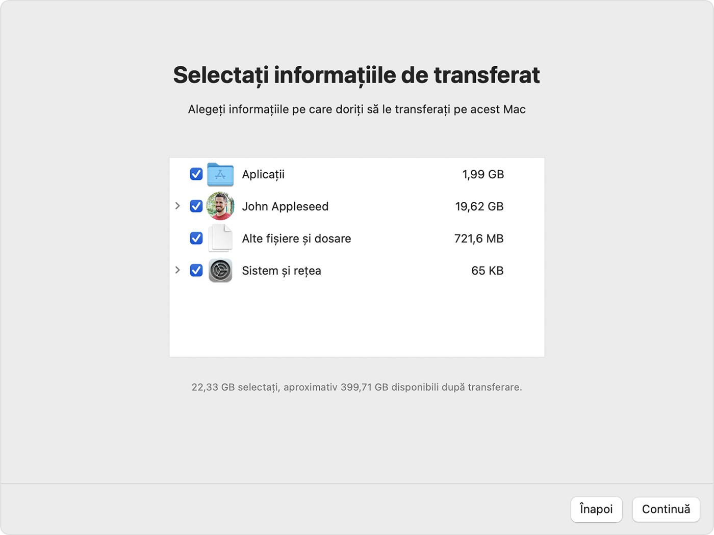 Asistent de migrare: Alege informațiile de transferat