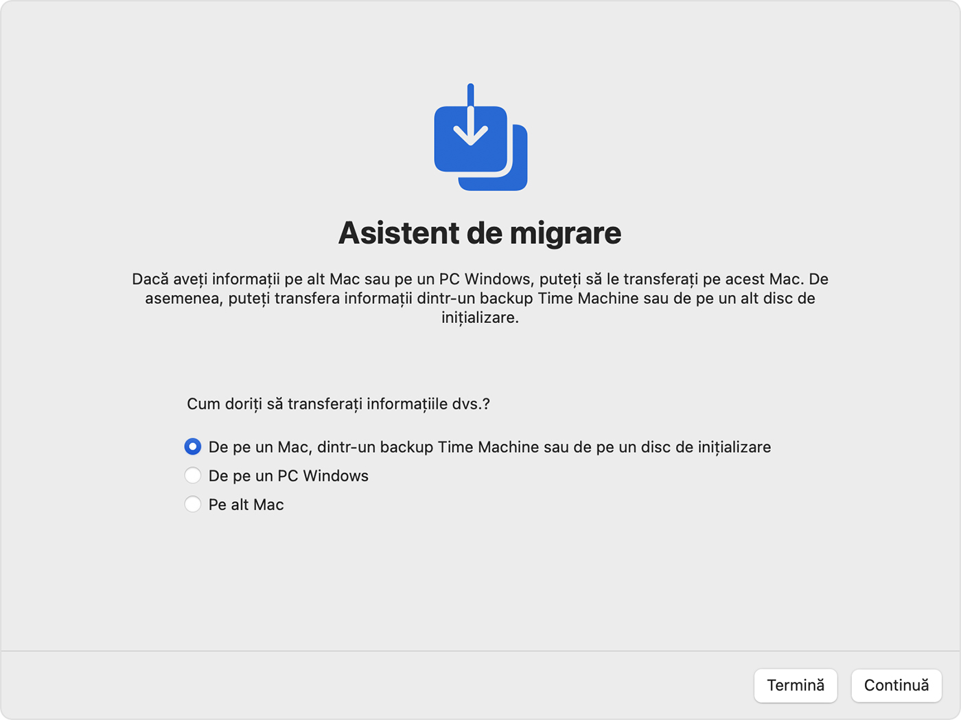  Asistent de migrare: cum dorești să-ți transferi informațiile?