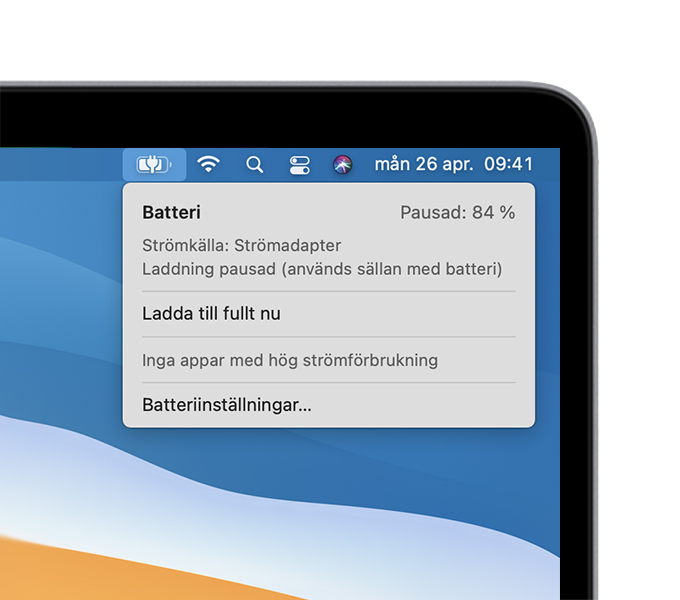 Batteristatusmeny i macOS med meddelandet Laddning pausad (används sällan med batteri)