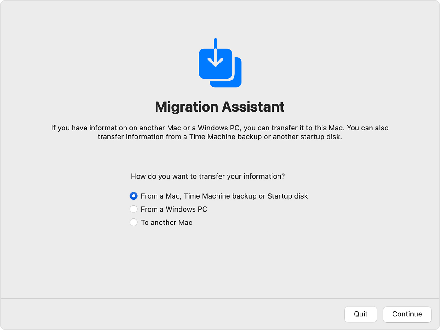 Migration Assistant: How do you want to transfer your information?