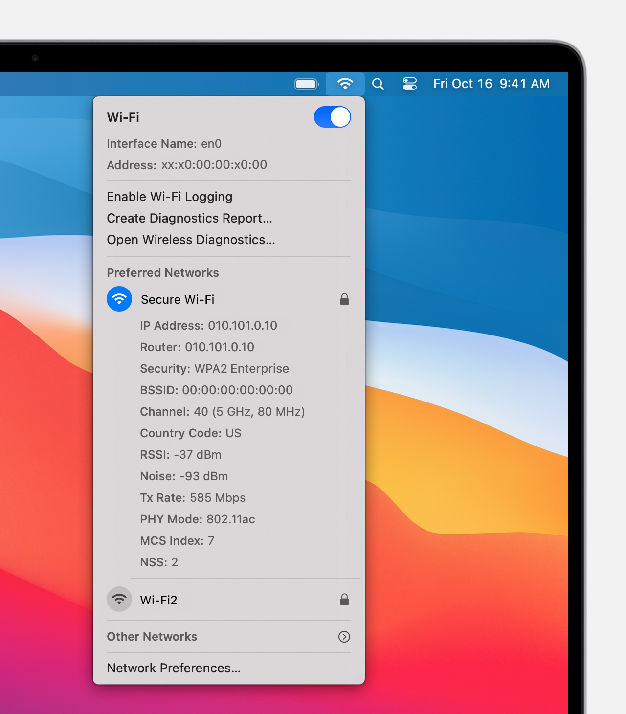 macOS Wi-Fi menu bar options menu