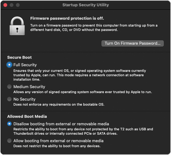 Startup Security Utility window