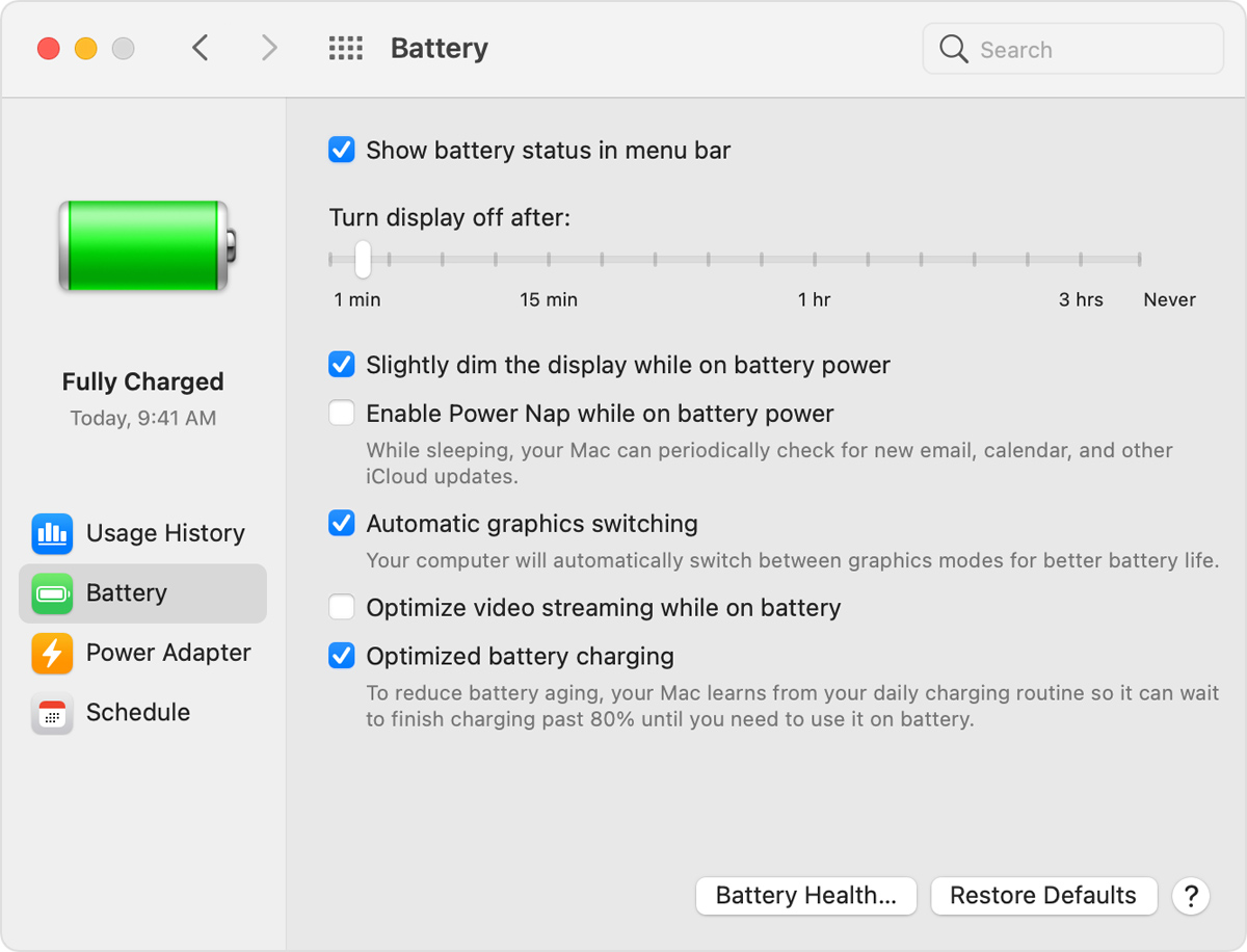 macOS Battery Preferences window with 