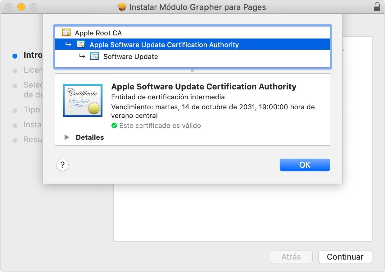 Installer window showing Apple Software Update Certificate Authority selected
