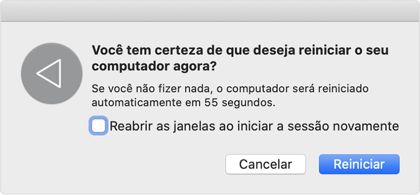 Diálogo: Tem certeza de que deseja reiniciar o computador agora?