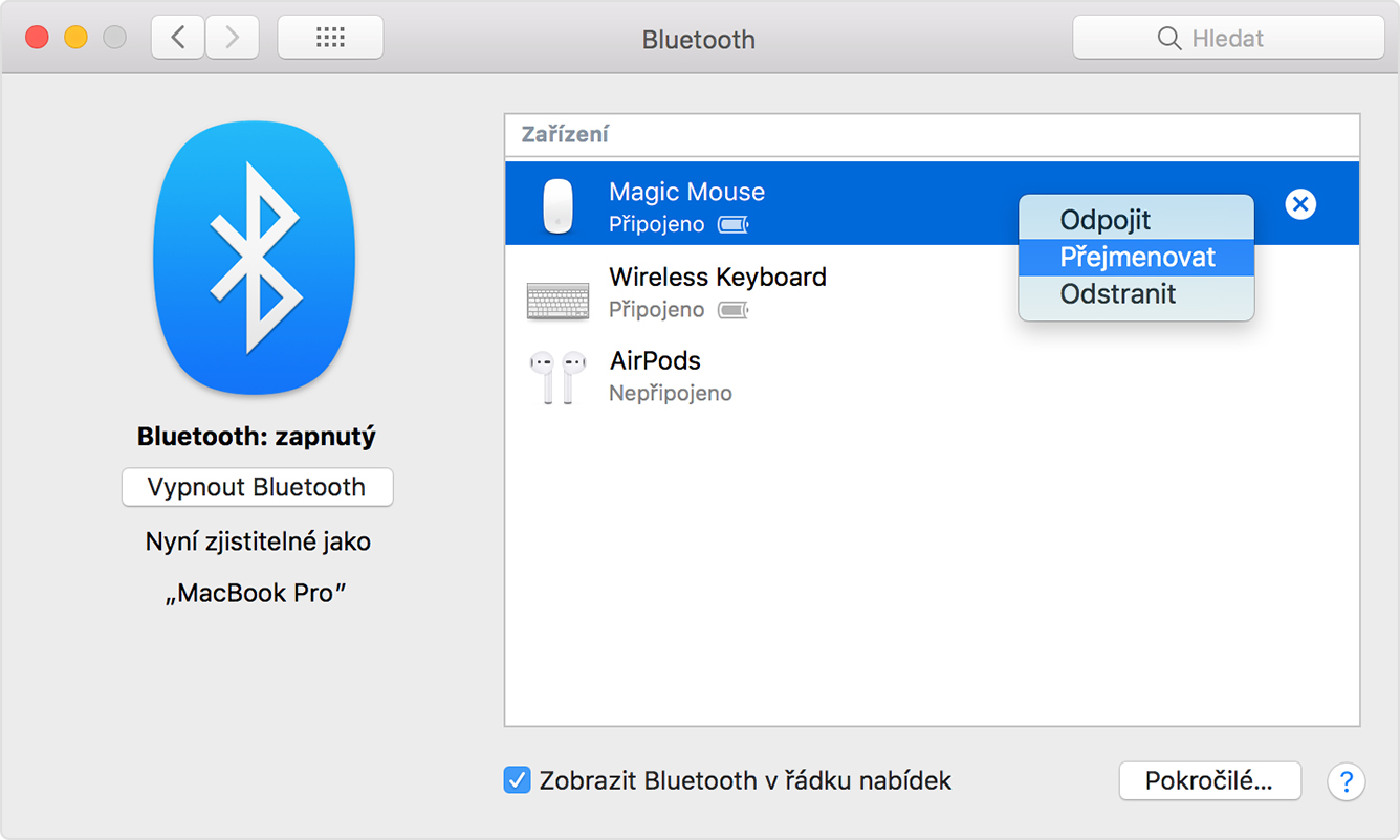 Kliknutí na přejmenování doplňku Bluetooth na panelu Bluetooth v Předvolbách systému