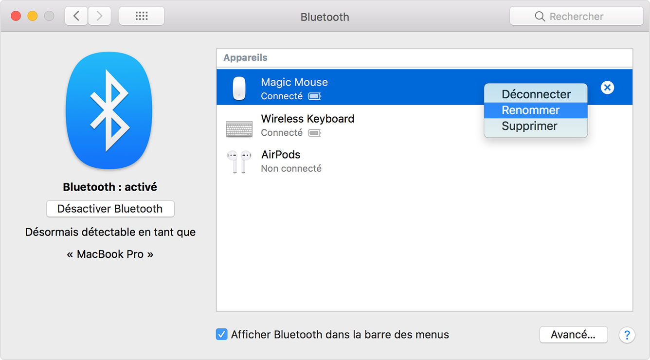 Cliquez sur Renommer sur un accessoire Bluetooth dans la sous-fenêtre Bluetooth des Préférences Système.