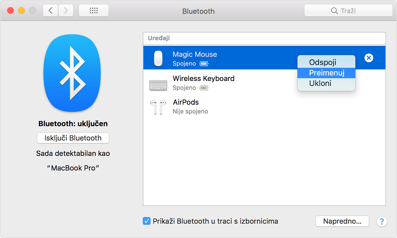 Kliknuti Preimenuj na bluetooth uređaju u prozoru Bluetooth u Postavkama sustava