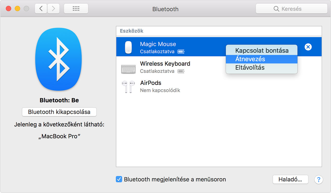 Az Átnevezés lehetőségre kattintás egy Bluetooth-eszköznél a Rendszerbeállítások Bluetooth ablaktábláján