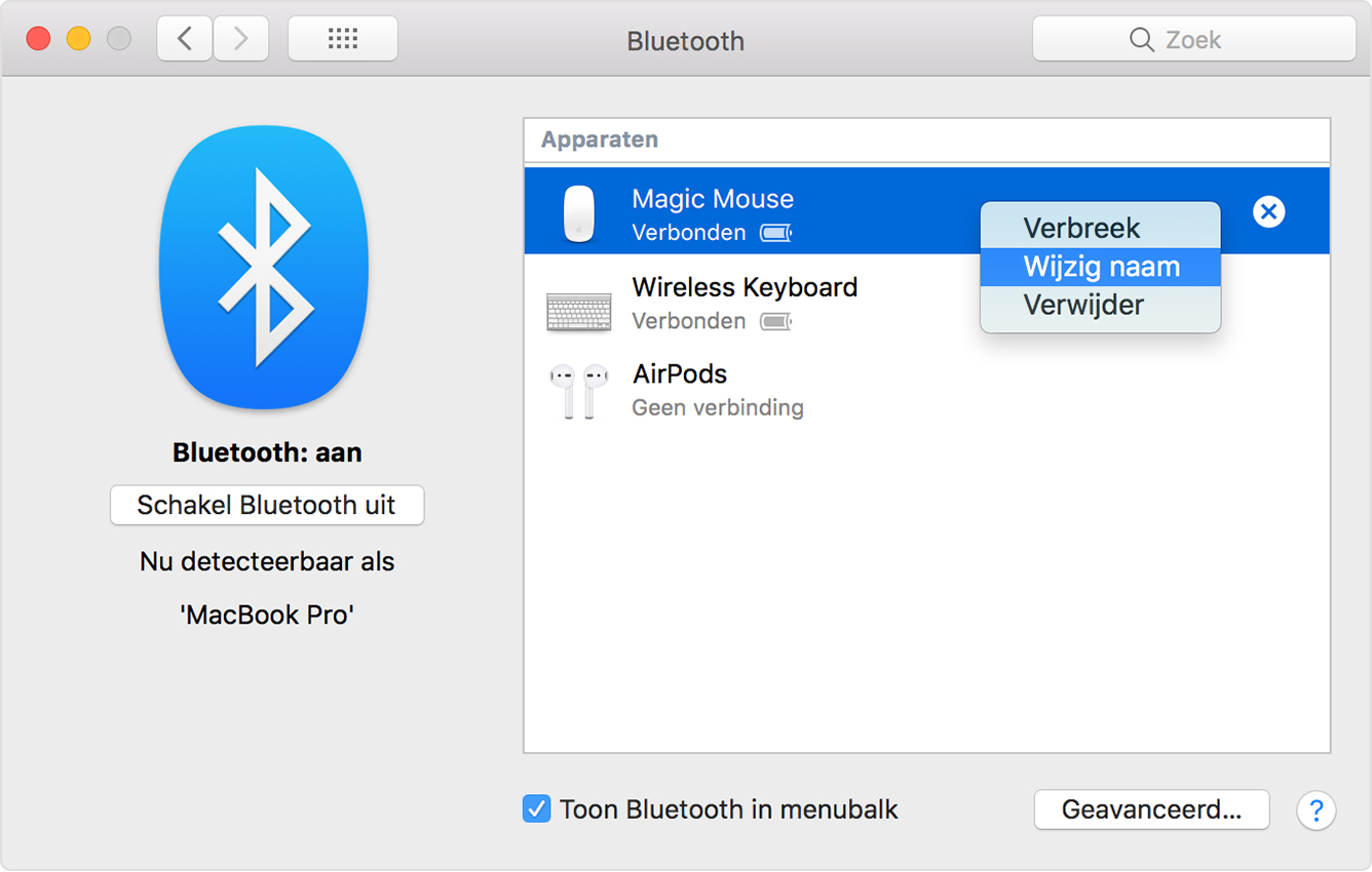 Klikken op 'Wijzig naam' voor een Bluetooth-apparaat in het paneel 'Bluetooth' van Systeemvoorkeuren