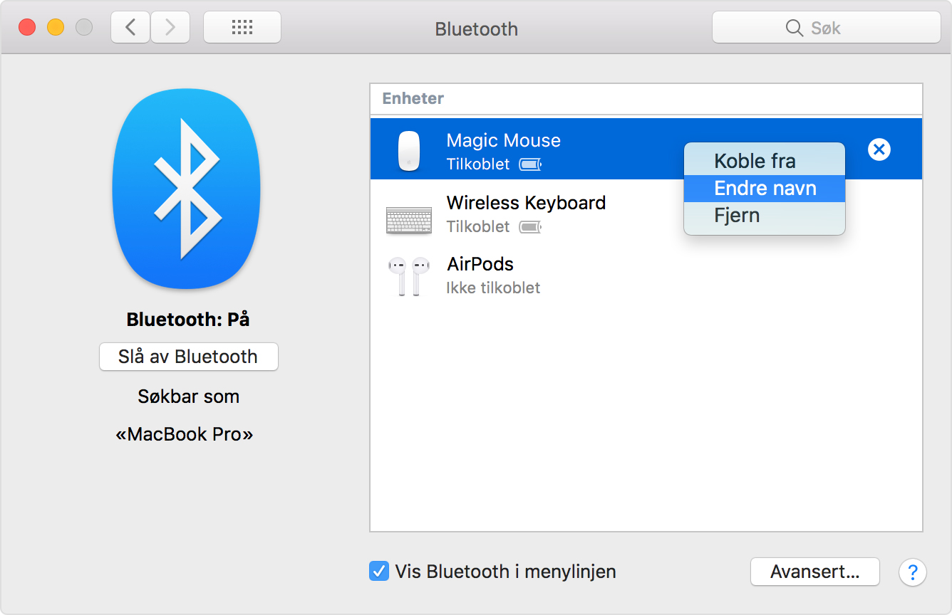 Klikke på Endre navn på en Bluetooth-enhet i Bluetooth-panelet til Systemvalg