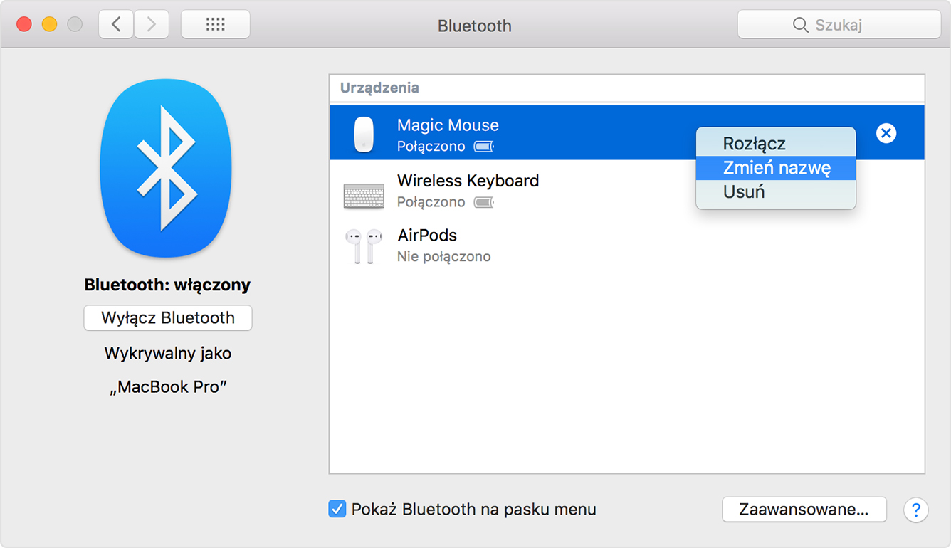 Klikanie opcji Zmień nazwę na urządzeniu Bluetooth w okienku Bluetooth Preferencji systemowych