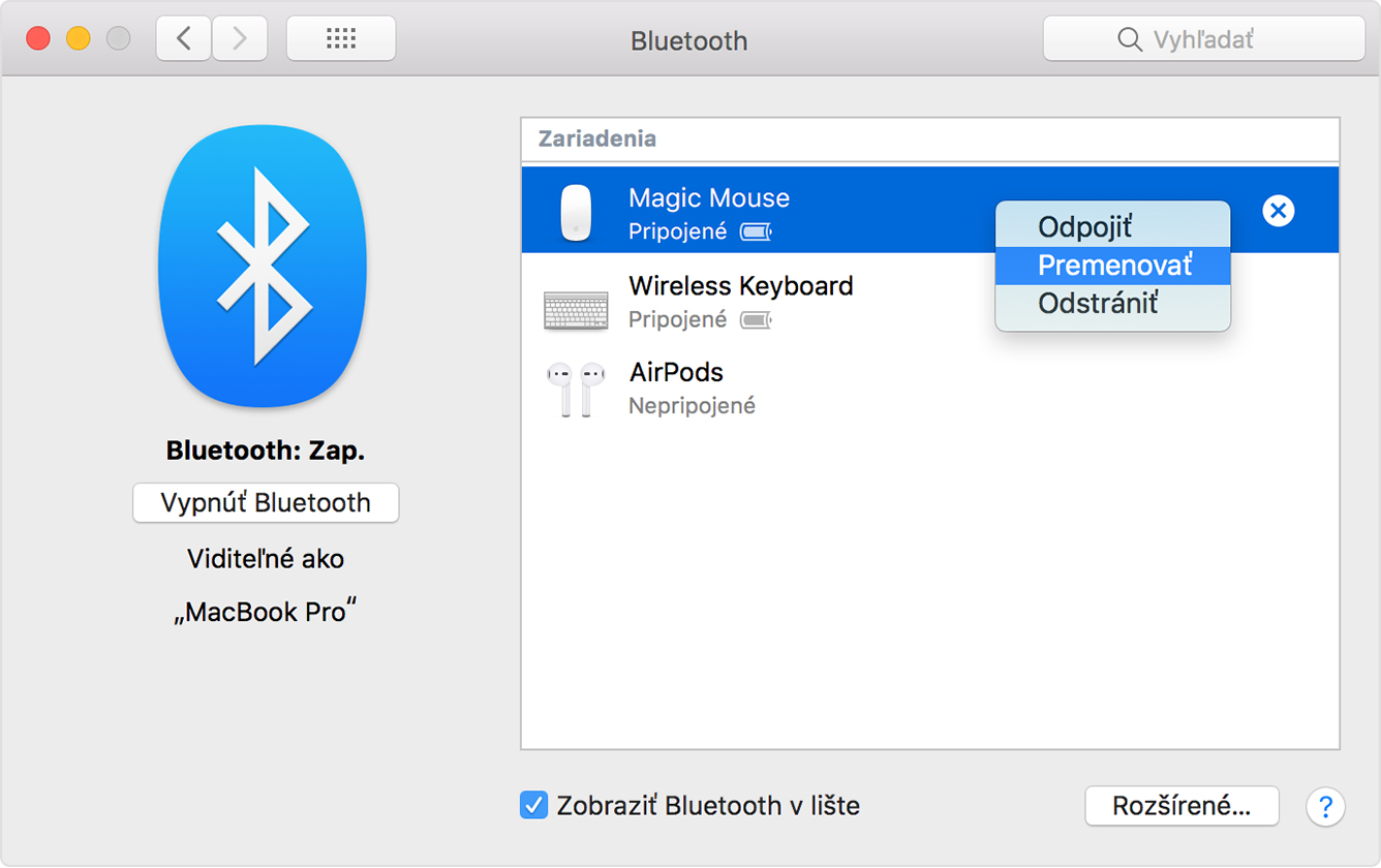 Kliknutie na položku Premenovať v zariadení Bluetooth na paneli Bluetooth v menu Systémové nastavenia