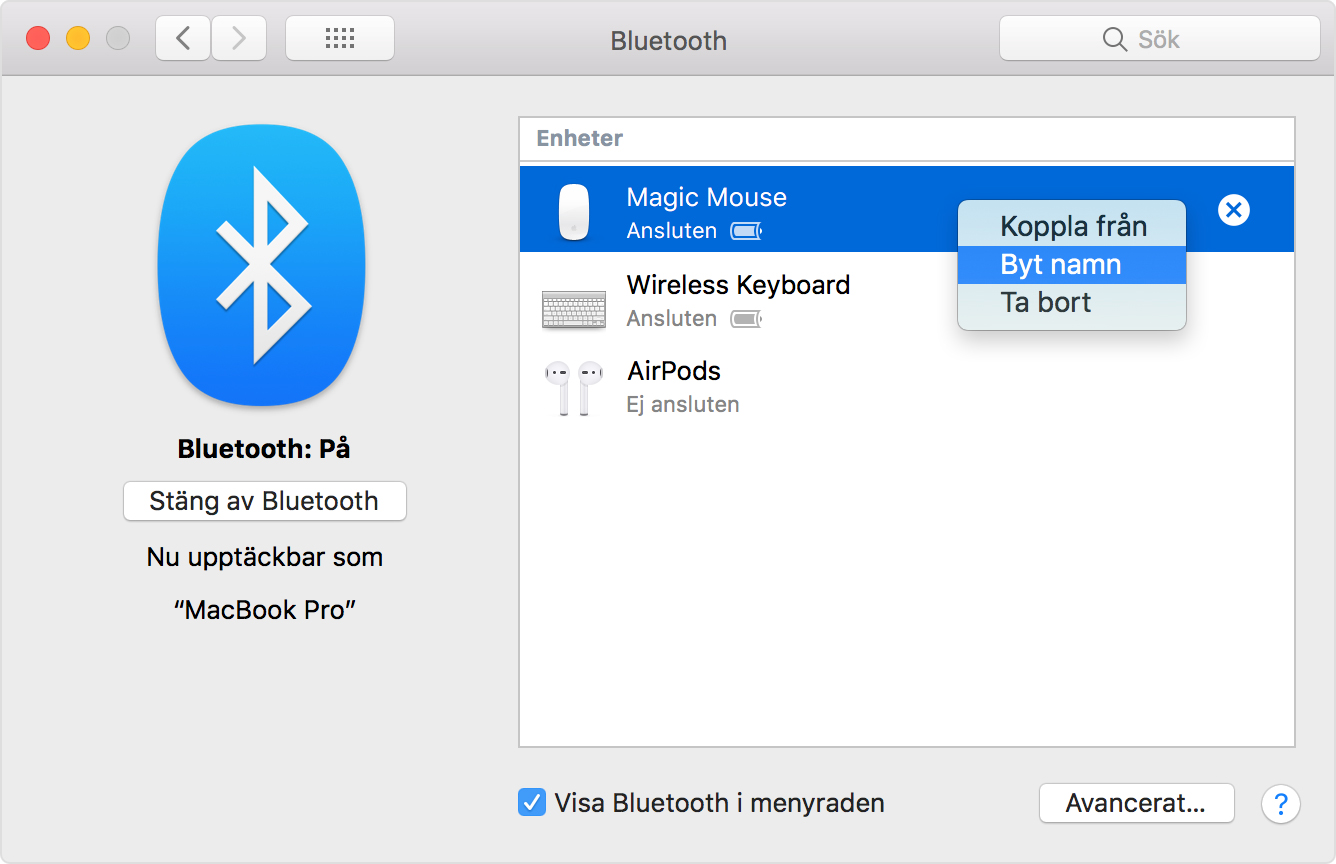 Klicka på Byt namn på en Bluetooth-enhet i avsnittet Bluetooth i Systeminställningar