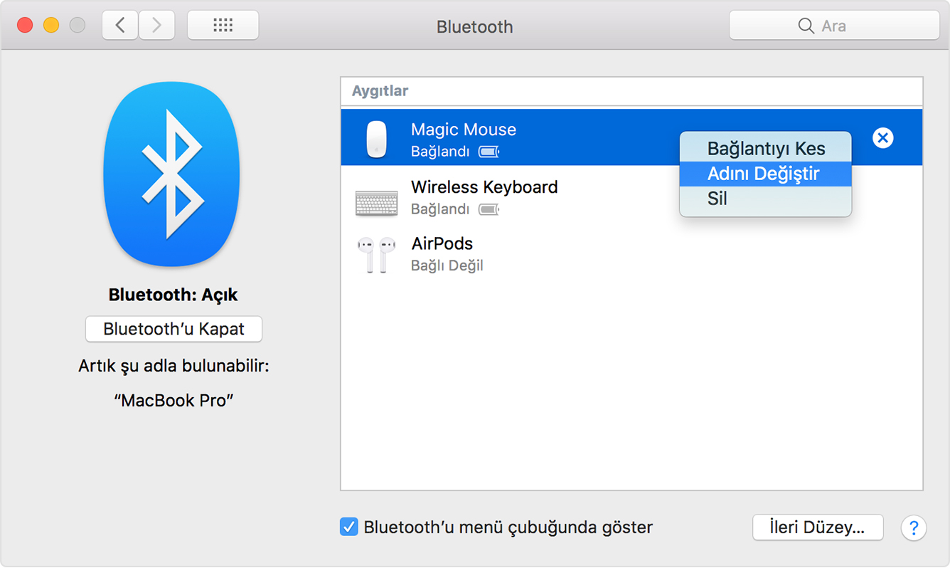 Sistem Tercihleri'nin Bluetooth bölümünde bir Bluetooth aygıtının adını değiştirmek üzere tıklama