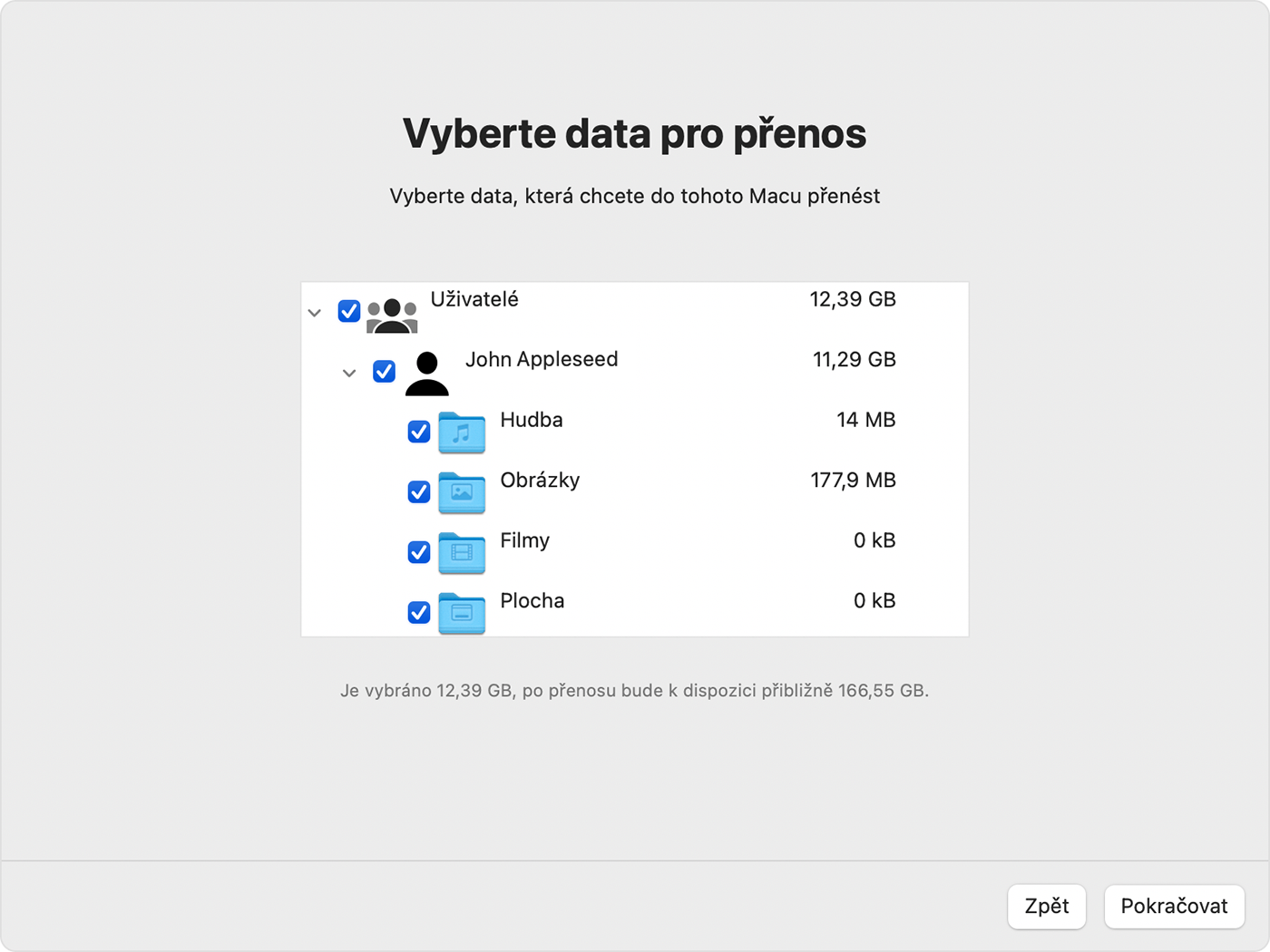 Průvodce přenosem dat na Macu: Vyberte informace, které chcete přenést