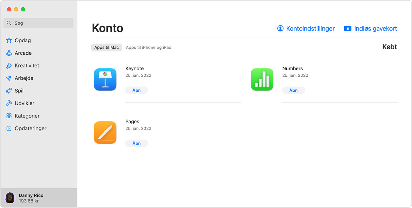Skærmen Konto i App Store til macOS, hvor kontosaldoen er fremhævet.