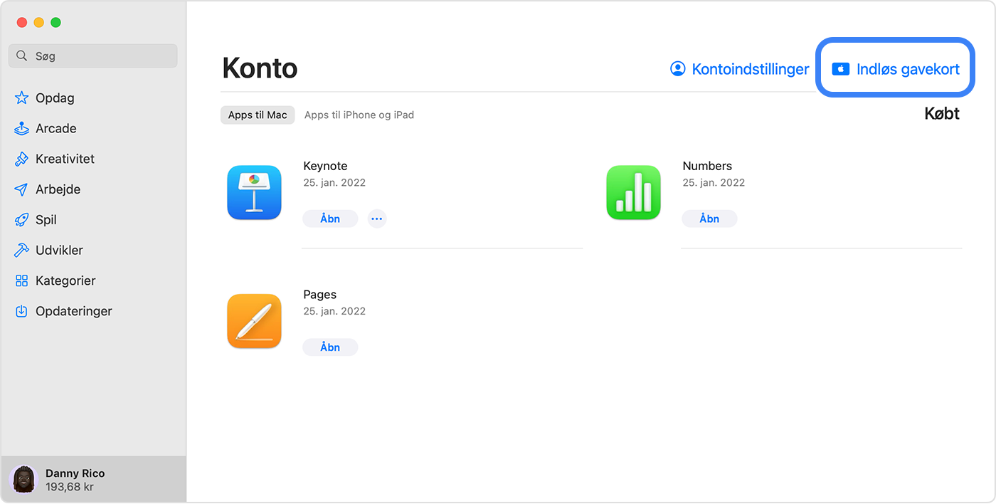 App Store på en Mac, der viser muligheden for at indløse et gavekort