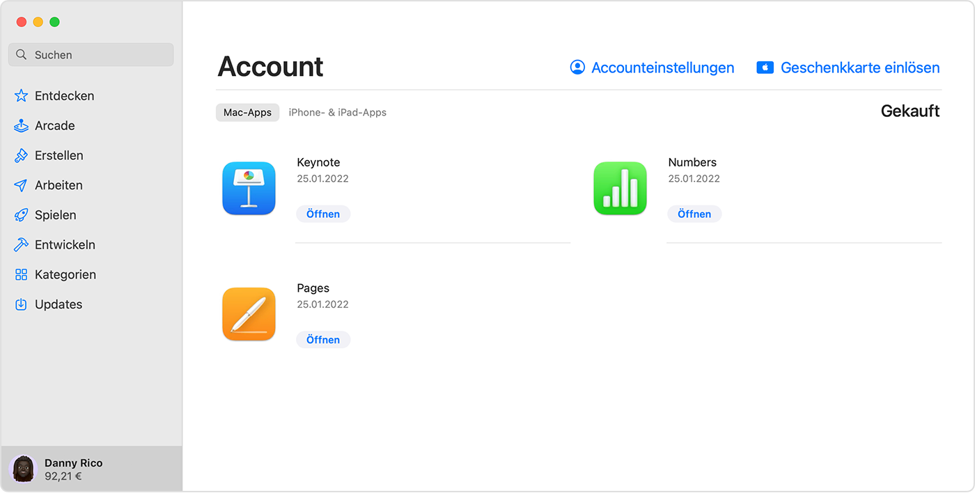 Der Bildschirm „Account“ im App Store für macOS mit hervorgehobenem Accountguthaben.
