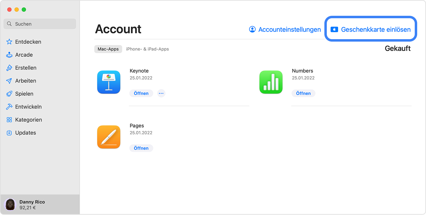 Darstellung eines App Store auf dem Mac mit der Option zum Einlösen einer Geschenkkarte
