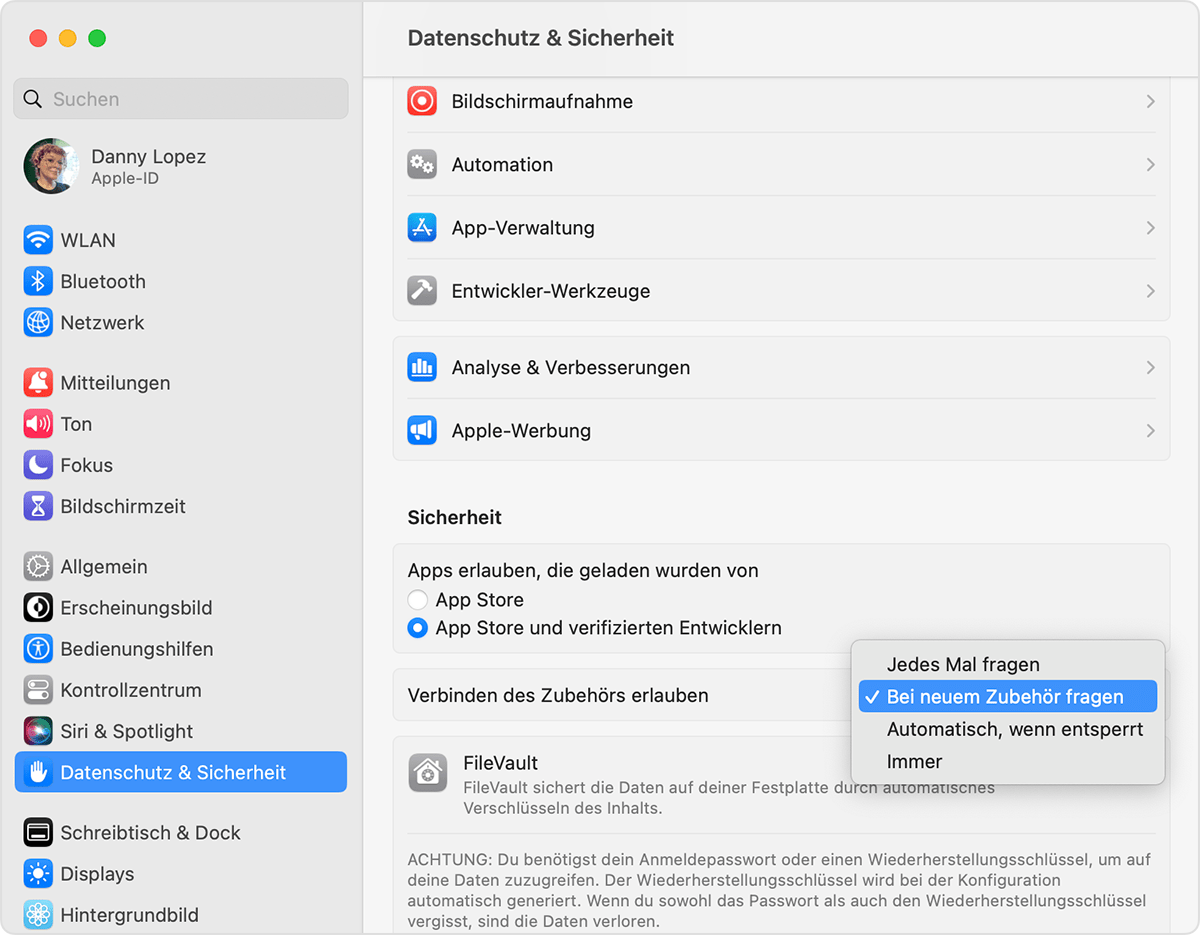 Einstellung "Verbinden des Zubehörs erlauben" auf deinem Mac-Notebook ändern