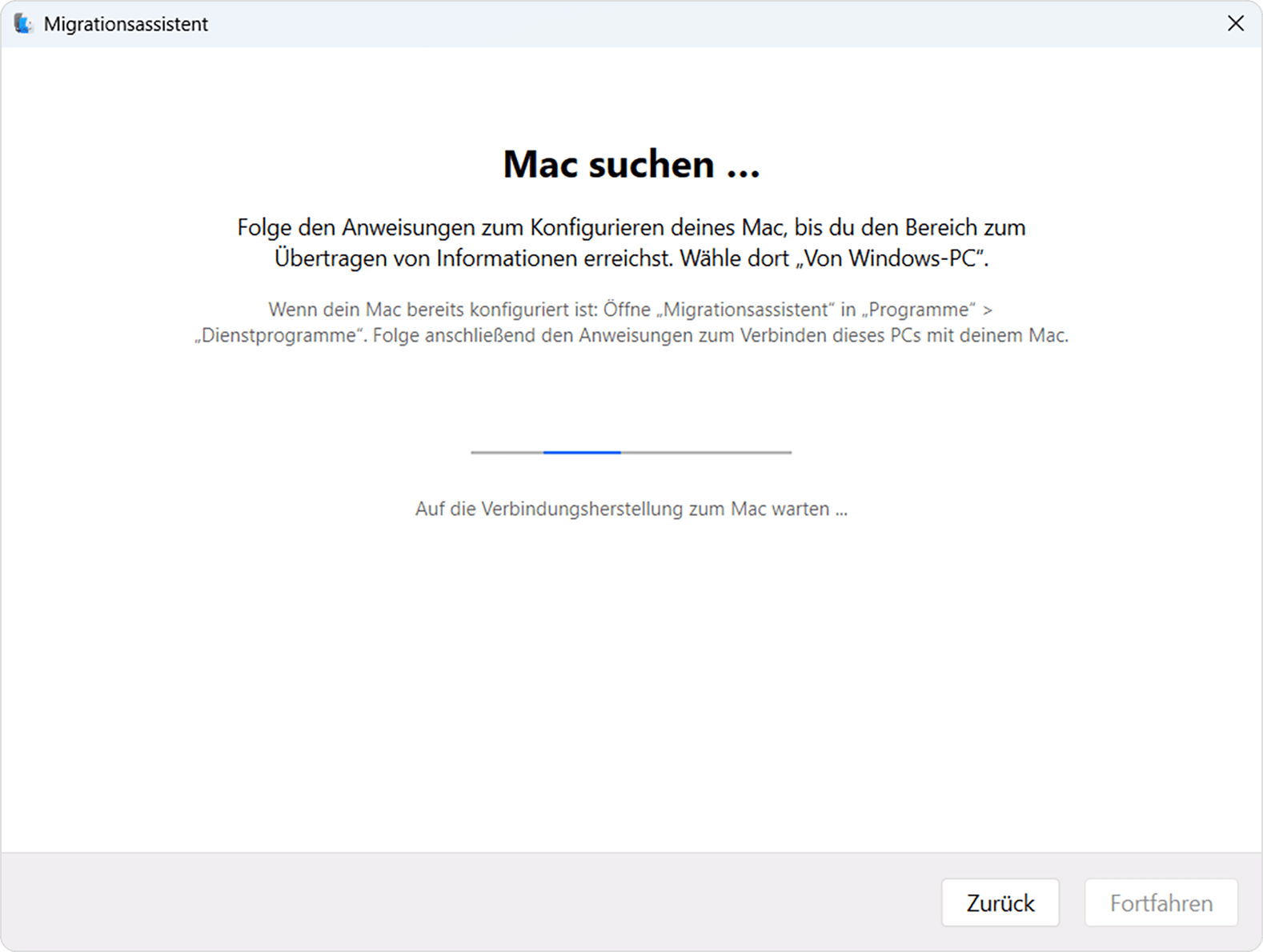 Migrationsassistent auf dem PC: Mac suchen ...
