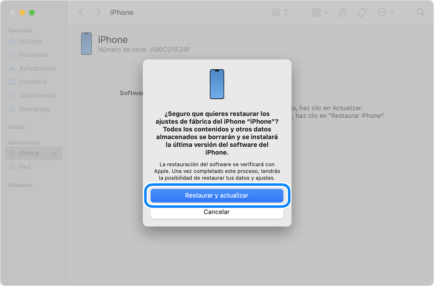 Para restaurar y actualizar tu iPhone con el ordenador, tendrás que pulsar Restaurar y actualizar para confirmar.